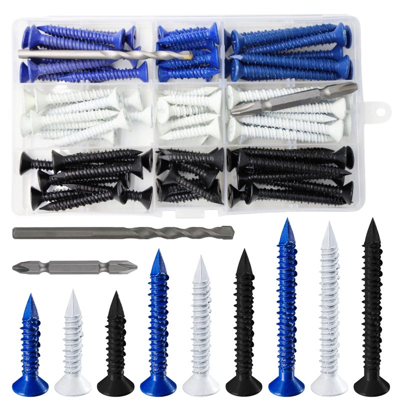 Wensilon(75 PCS) 1/4"" Concrete Screw Anchor Kit Blue/Black/White Flat Head for Anchoring to Masonry, Block or Brick Stucco - Image 1